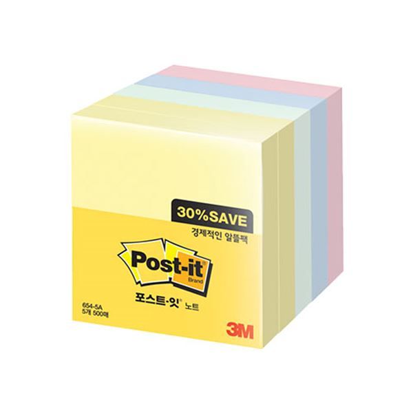 Post-it Sticky Notes Value Pack, 3Colors, 5Pads/Pack, 500Sheets, 76X76mm(654-5A)