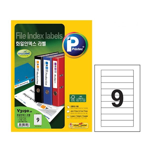 V3190-20 File Index Labels 150X28mm, 9 Labels, 20 Sheets 