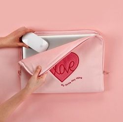 15" Notebook Pouch Pink Heart, Waterproof Canvas