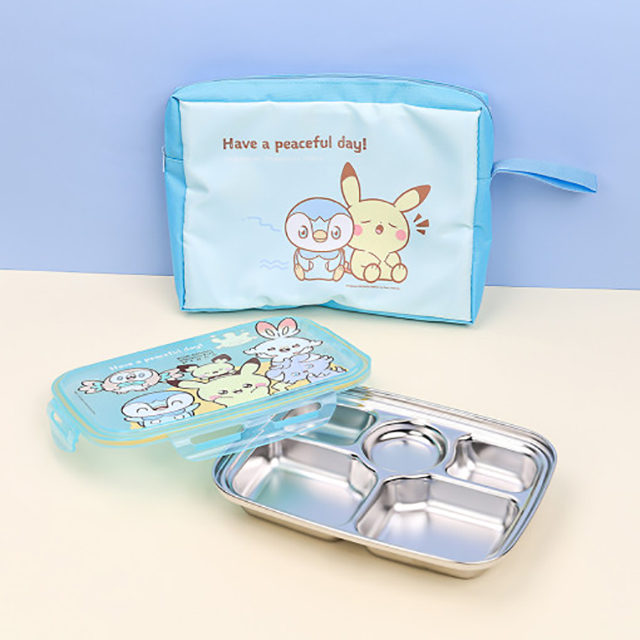 pokemon stainless steel kids food tray & handle pouch
