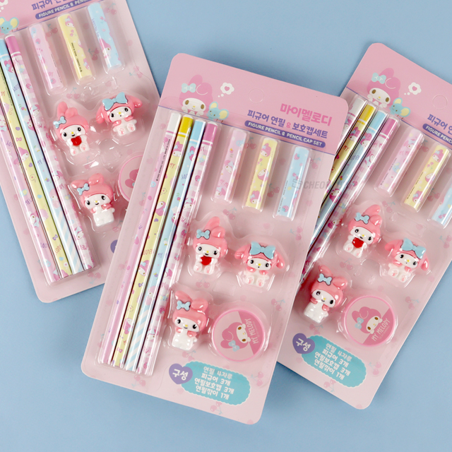 My Melody Figure Pencil and Pencil Cap and Pencil Sharpener Set