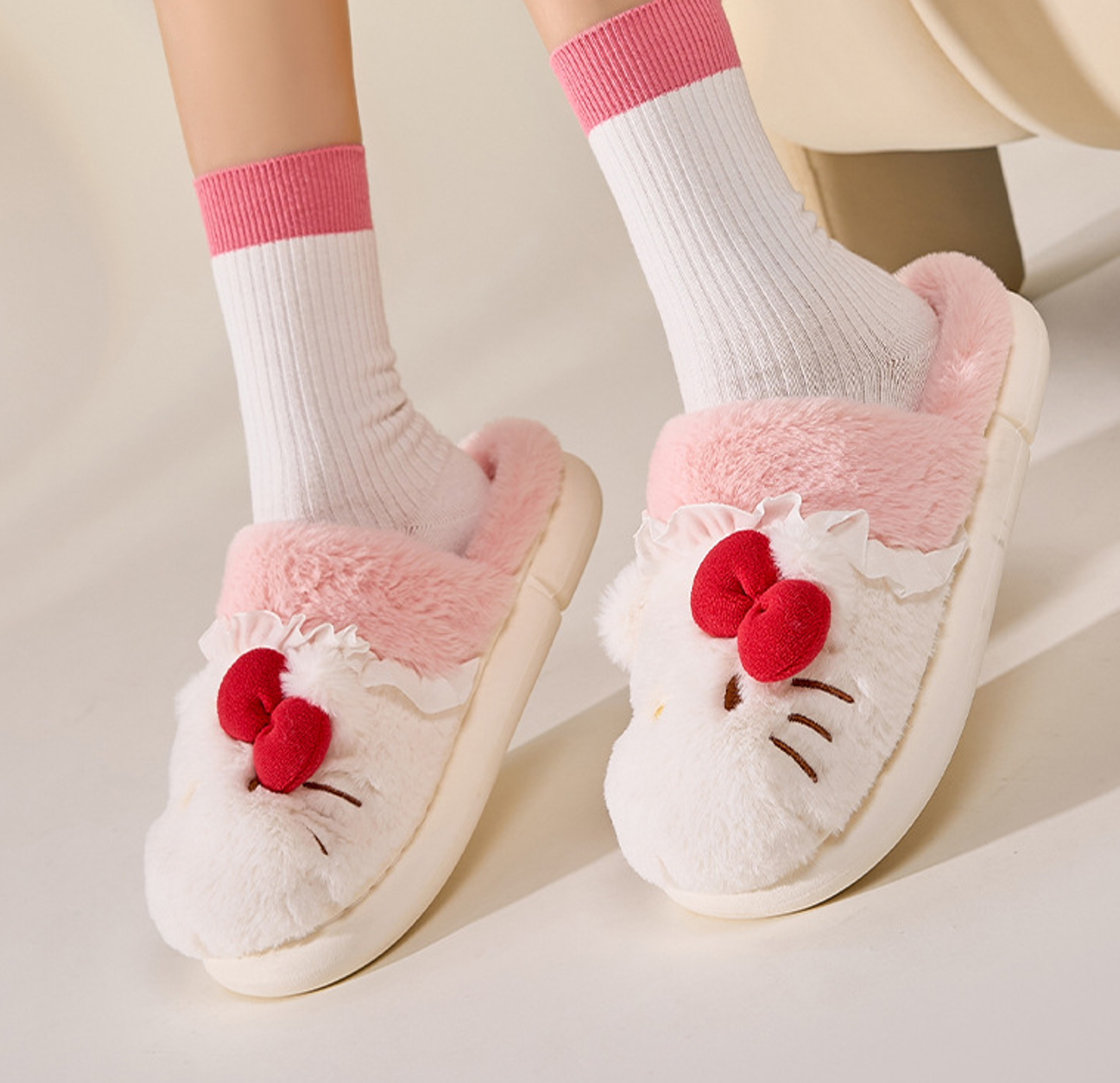 Hello Kitty White-Pink Two-Tone Fur Slippers