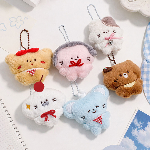 Random Fluffy Animal Plush Keyring, 6pcs